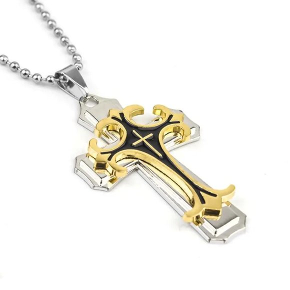 Men's Punk Two Tone Stainless Steel Cross Pendant Necklace - Picture 1 of 7